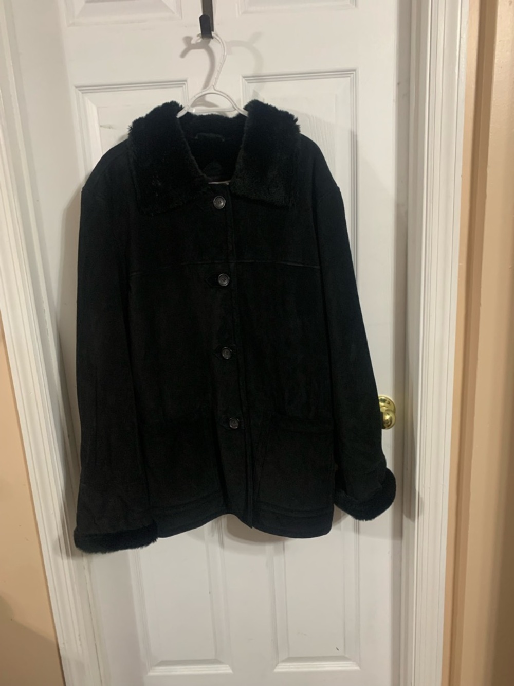 Dennis Basso Black Leather Coat with Faux Shearling Trim